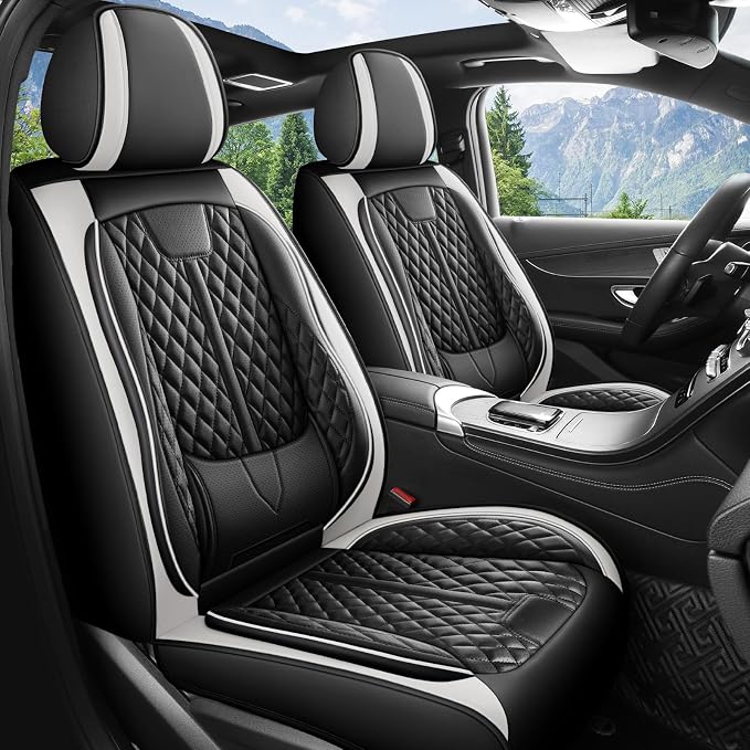 otoez Leather Car Seat Covers Full Set, Breathable Waterproof Nappa Leather Front Rear Car Seat Protectors with Lumbar Support, Universal Automotive Seat Covers for Cars SUV Truck Sedan (Black+White)