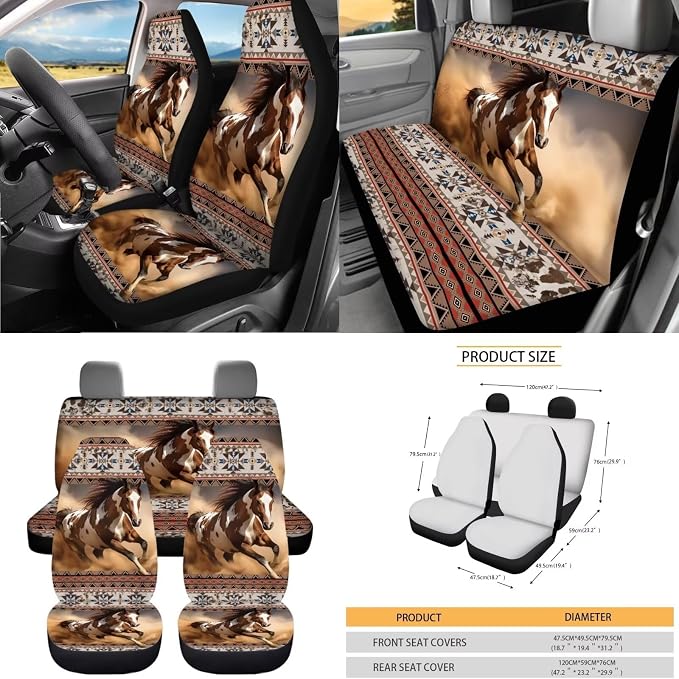 Dreaweet Native American Horse Seat Covers for Cars Full Set Southwestern Tribal Car Accessories Steering Wheel Cover Seat Belt Pads Coasters Trash Bag Air Vent Storage Bag Rearview Mirror Cover