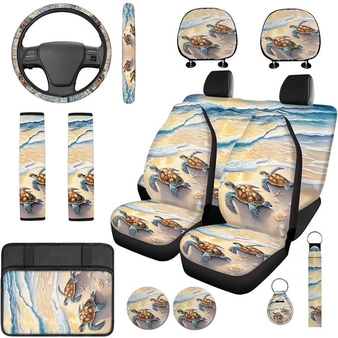Bulopur Beach Sea Turtle Auto Seat Covers Full Set with Car Armrest Pad Seat Belt Covers Keychain American Flag Automotive Interior Decor Set for Truck SUV Van 14 Pack