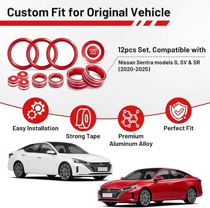 Interior Decoration Accessories for Nissan Sentra (2020-2025) - 12-Pieces Aluminum Alloy Ring Knob Cover Trim, Fits Push Start, A/C, Air Vent, & Volume Tune, 12PCS Set, Red