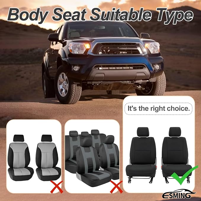 ESMING Custom Fit Seat Covers Compatible with Toyota Tacoma Crew Cab 2005 2006 2007 2008 2009 2010 2011 2012 2013 2014 2015 Front for Non-Folding Passenger Seat - Black