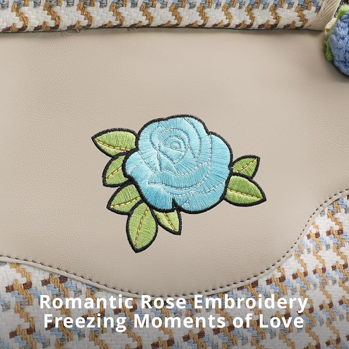 Universal Seat Covers for Cars,SUVs&Trucks,Handmade 3D Blue Rose Seat Protector,Leather&Houndstooth Cotton-Linen Floral Seat Cover,Cute Car Accessories for Women (1-Piece)