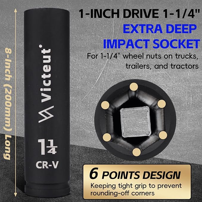 1'' Drive 1-1/4'' Extra Deep Impact Socket, 8-Inch (200mm) Long, 6-Point Truck & Trailer & Tractor Wheel Nut Socket, Heat Treated Cr-V Alloy Steel, One-Piece Forged, No Torque Loss