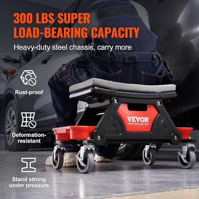 VEVOR Mechanic Stool 300 LBS Capacity Garage Stool Gift for Men, Heavy Duty Rolling Mechanics Seat, with Three Slide Out Tool Trays and Drawer, Tools for Automotive Auto Repair