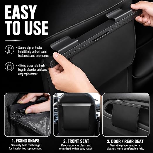 Car Trash Can Leak-Proof, 4 Pack Black Large Capacity Auto Trash Bin with Magnetic Opening, Multi-Purpose Open-Top Car Organizer for Backseat, Console, Door, Phone, Drinks, and Small Items