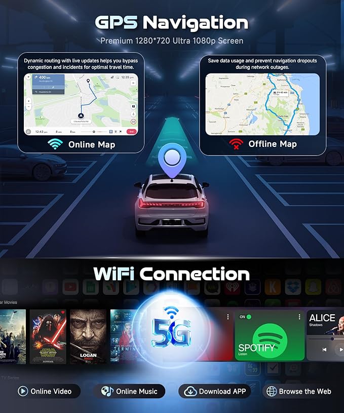 Android 15/4+64G Car Radio Double Din Car Radio with Wireless Carplay&Android Auto,7 inch 1280*720P IPS TouchScreen Car Audio Receivers with WiFi GPS EQ BT5.0 FM/RDS Radio Mirror Link AHD Rear Camera