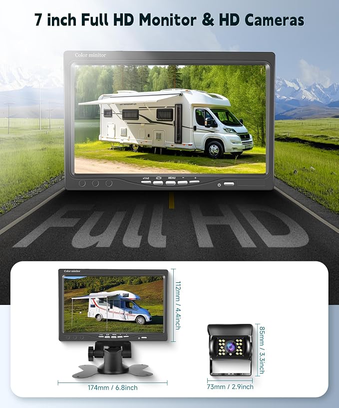 RV Backup Camera System with 7" LCD Monitor,DIY Guide line,18 IR LEDs Night Vision, Waterproof, 4-pin Aviation Rear View Camera for Car Truck Camper Trailer Excavator Caravan Bus RV(12-24V)