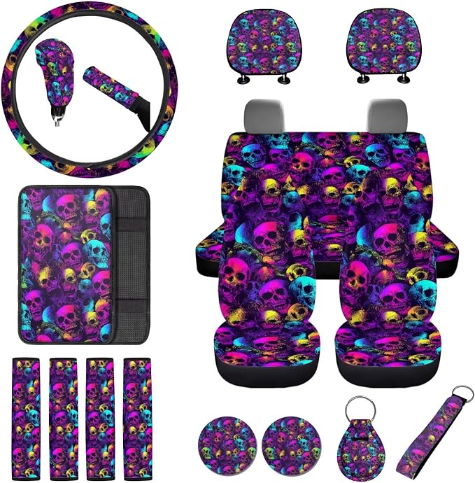 Skull Print Car Seat Cover for Front and Back Seats with Headrest Covers Steering Wheel Cover Safety Belt Pads Armrest Cushion Gear Shift Lever and Handbrake Covers Keychain