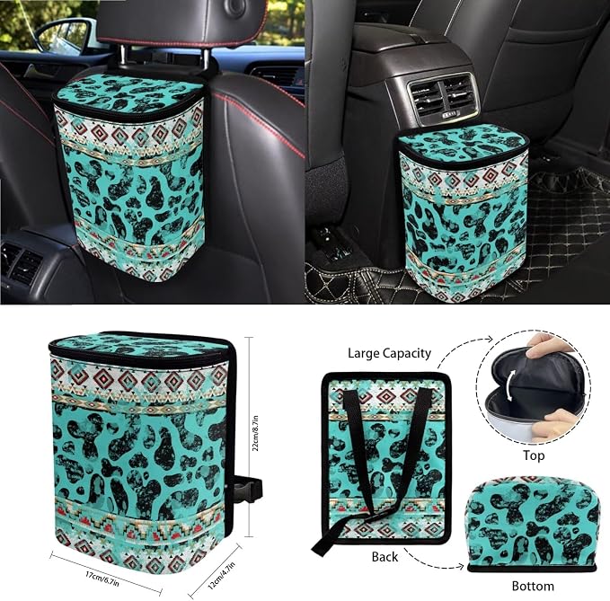 Wanyint Aztec Cow Print 15 Pack Car Accessories Set, Universal Auto Seat Protector Steering Wheel Cover Seatbelt Strap Pad Trash Can Mount Storage Pocket Cup Holders Rearview Mirror Cover Keychain