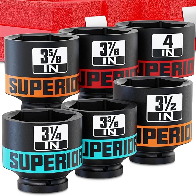 6 Piece 1”Drive Shallow Impact Socket Set, 3-1/4”-4”Axle Nut Sockets, SAE, CR-MO, 6 Point, Tools for Removing Mechanical Nuts, Large Automotive Repairs, Agricultural implement