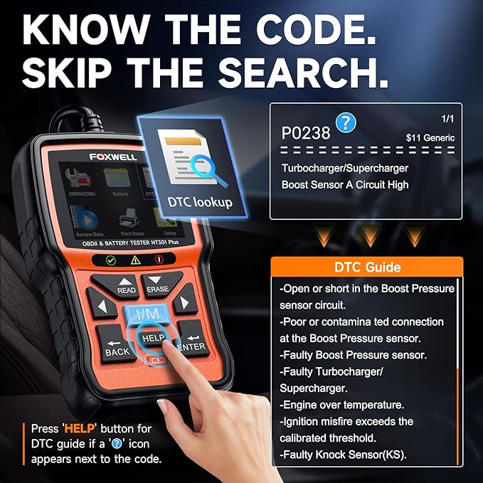 FOXWELL NT301 Plus 2-in-1 OBD2 Scanner Car Battery Tester, Professional Code Reader Check Engine Diagnostic Tool, 12V Automotive Cranking Charging Analyzer for 1996+ Vehicle, Upgrade from NT301
