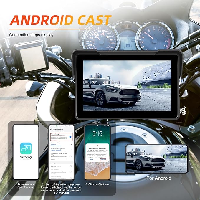 CAMECHO Motorcycle CarPlay Screen, 7" Waterproof Portable Wireless Apple Carplay Android Auto for Motorbike, Touchscreen Car Stereo Support Dual Bluetooth, Mirror Link, EQ, Voice Control
