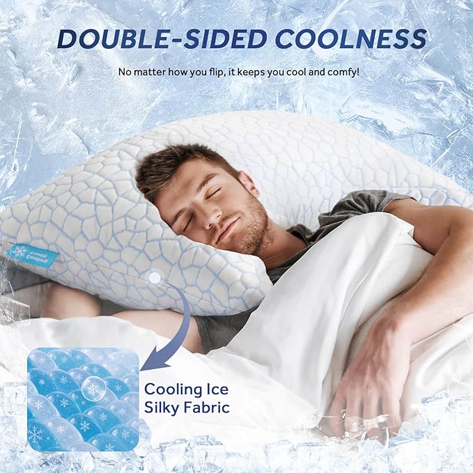 QUTOOL Double Sided Cooling Pillow for Side and Back Sleepers,Adjustable Soft & Firm Shredded Memory Foam Pillows for Neck Pain Relief,Curved Bed Pillows Queen Size Set of 2
