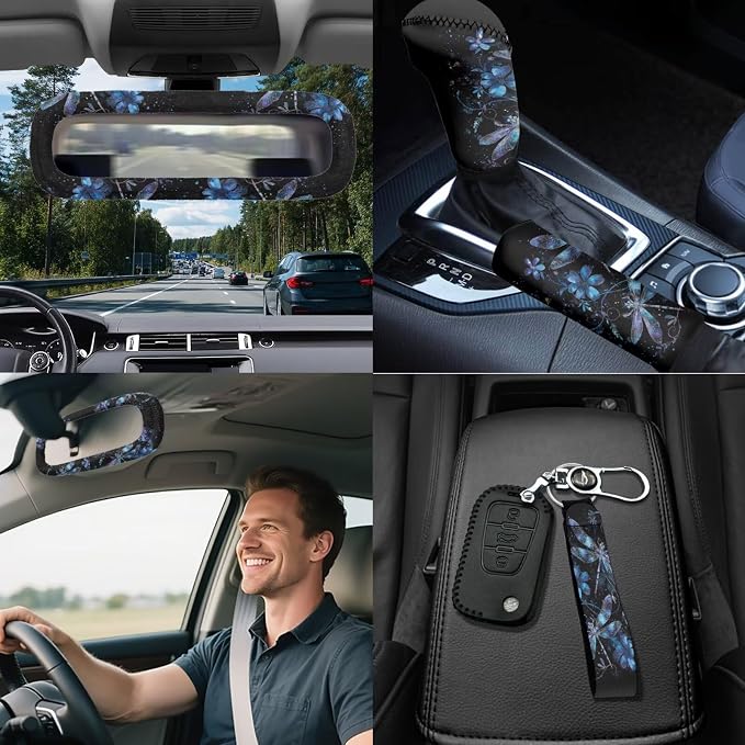Dragonfly Car Seat Covers Full Set of 18 Pcs Blue Dragonfly Car Accessories Full Set with Steering Wheel Car Covers Cars Headrest Covers Auto Trash Bag Armrest Box Pad,Easy to Install