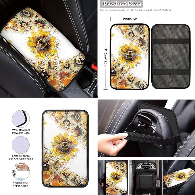 Bee Car Seat Covers 12Pcs Sunflower Bee Auto Seat Protection Accessories Full Set with 15Inch Steering Wheel Covers Seatbelt Pad Keychain Coaster Armrest Pads Vehicle Interior Set