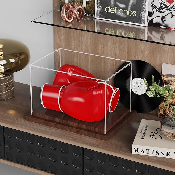 VGMiu Boxing Glove Display Case with Wood Base, Clear Acrylic Display Case Box for Boxing Glove, Baseball Mitt, Sports Collectibles, Memorabilia Displays, Gift for Boxing Fans