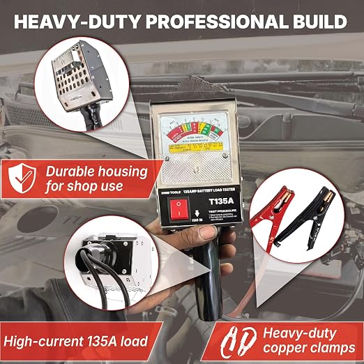 Professional 135 Amp Battery Load Tester, 6V 12V Automotive Charging System Analyzer with Easy-Read Gauge, Copper Jaw Clamps for Car, Motorcycle, Marine Batteries