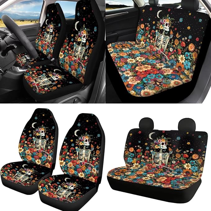 Skeleton Flower Print Auto Seat Covers Non Slip Steering Wheel Cover Seatbelt Pads Universal Fit for Cars Trucks SUVs Breathable Car Seat Cover Full Set, Black and Orange
