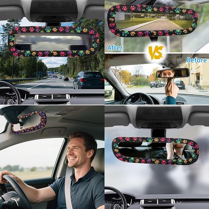 Colorful Dog Paw Print Car Seat Covers Full Sets with Front and Split Rear Bench,Dog Paw Print Car Accessories with Headrest Covers,Steering Wheel Covers Universal Fit, Car, Truck, SUV, Van