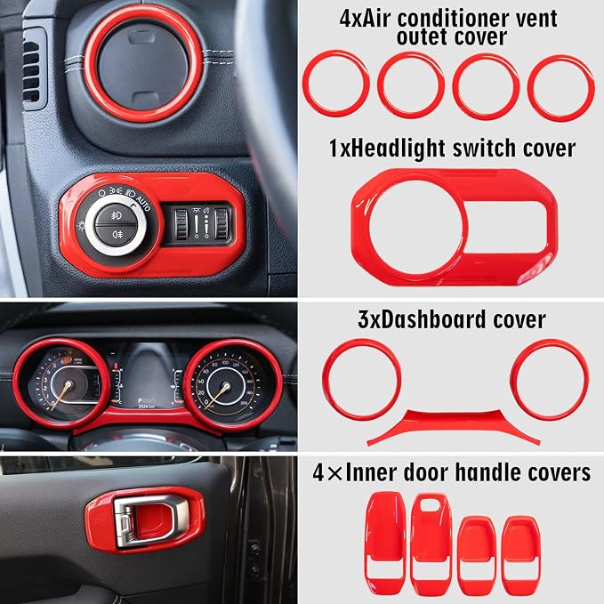 21PCS Interior Decoration Trim Kit for Jeep Wrangler JL JLU Gladiator JT 2018-2023, Steering Wheel Door Handle Dashboard Panel Reading Light Headlight Outlet Vent Trim Covers