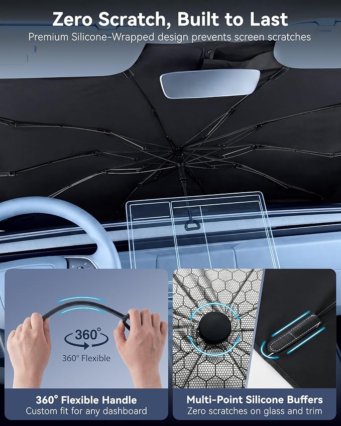 3W Windshield Sun Shade Umbrella, Large 63" x 32.3" – Graphene Coating Heat Shield, Spring Structure Edge – Protect Car Interior from Sun Rays & Heat Damage, Keep Cool