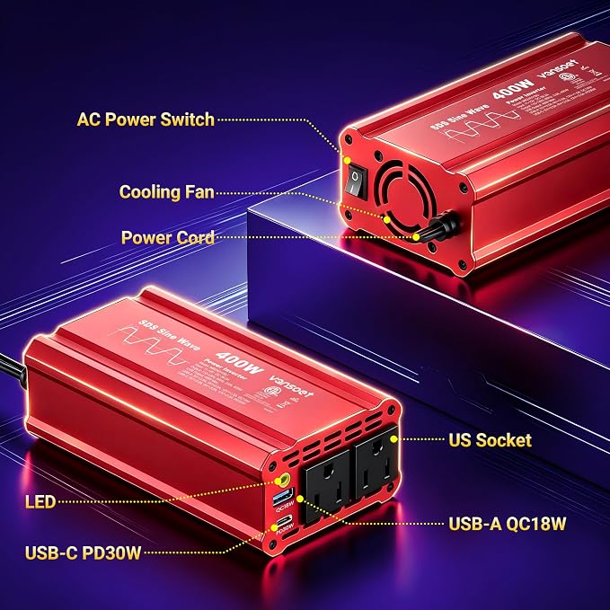 【2026 Upgraded】 400W Peak Clipped Sine Wave Car Power Inverter DC 12V to AC(2 Outlets) 110V Car Charger Plug Adapter Power Converter with PD3.0 & QC18W Dual USB Charging Ports (Red-400)