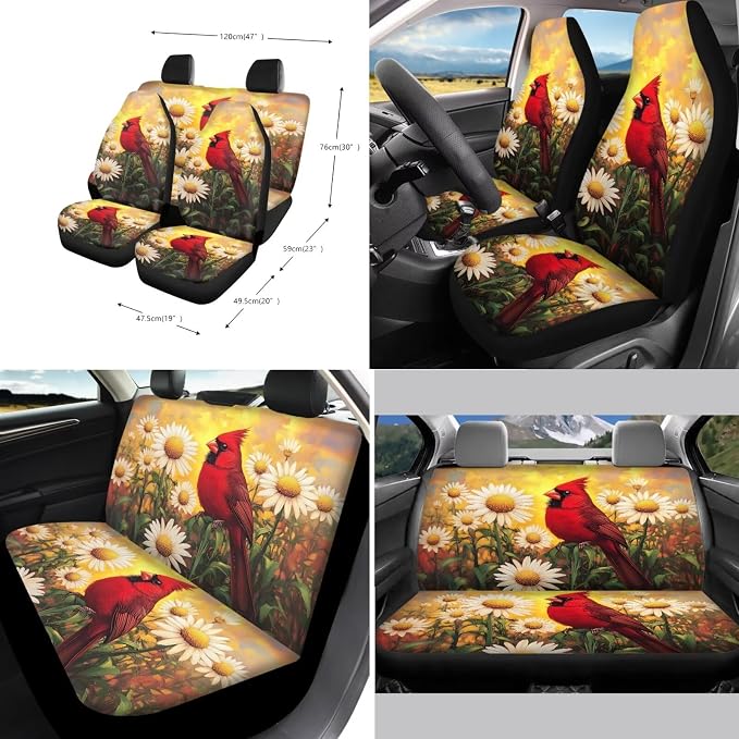 Suobstales Cardinal Daisy Flower Print Car Seat Covers 11 Pcs Car Accessories Interior Set Auto Front Rear Split Seats Protectors with Steering Wheel Cover, Seatbelt Pads, Cup Holder, Keychain