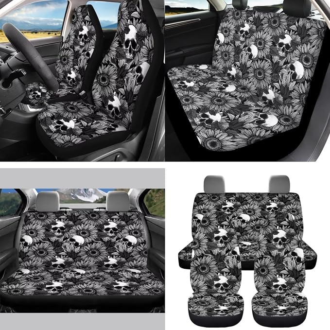 Goth Sunflower Skull 15 PCS Car Seat Cover Set with Auto Steering Wheel Cover Seat Belt Strap Protector Cup Holder Trash Bag Rear View Mirror Protector Keychain