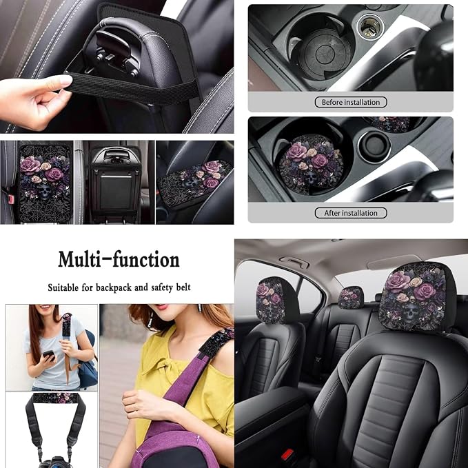 Skull Rose Printed Car Seat Covers Full Set Universal Car Interior Accessories Set Included Steering Wheel Cover Seat Belt Pad Armrest Protector Coaster for Auto, Black