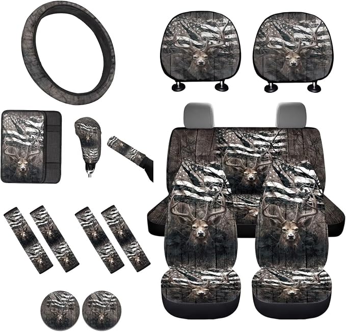 Lotusorchid 16 Pcs American Flag Deer Print Car Seat Covers Full Set with Steering Wheel Cover, Seat Belt Pad Center Console Cover Headrest Cover Gear Shift Knob Cover Car Coaster, Brown