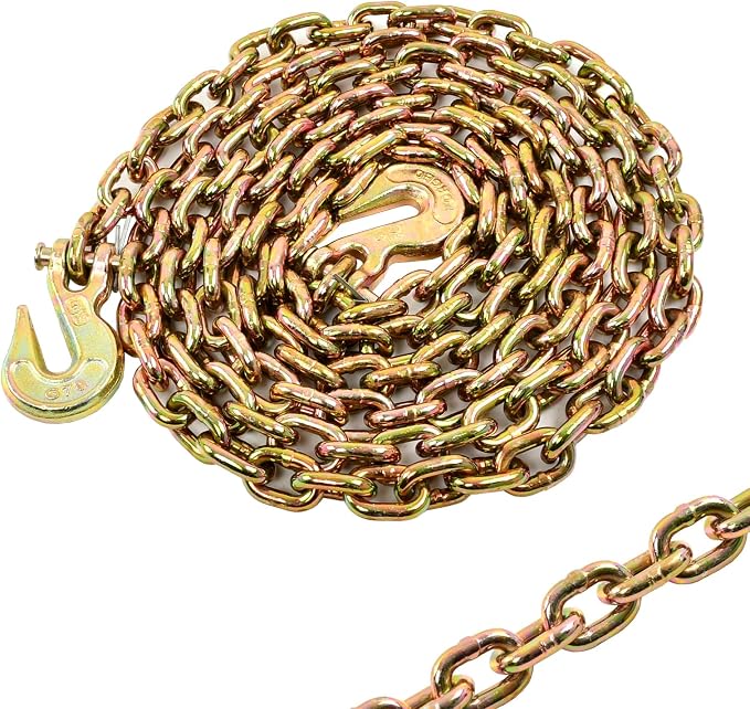 Heavy Duty G80 Transport Binder Chain 5/16'' Inch x 12 Feet,Tow Chain with G70 Clevis Grab Hooks,4900 lbs Safe Working Load Logging Chain for Transporting, Towing(5/16'' x 12FT Yellow).
