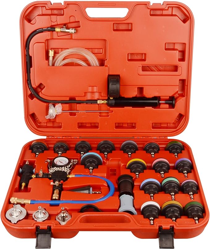 DAYUAN 28Pcs Universal Radiator Pressure Tester Kit Coolant Pressure Tester | Coolant Vacuum Refill Kit，Red Case, for Cooling Systems, 0-35 PSI Test Range，Detects Engine Leaks，Fits Most Vehicles