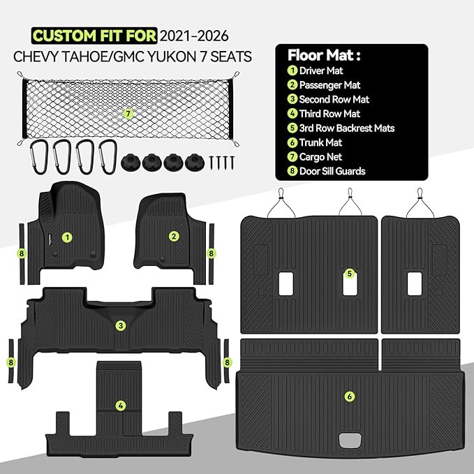 Tongama-Floor Mats for 2021-2026 Chevy Tahoe/GMC Yukon 7 Seats with Bucket Seats, All Weather TPE Trunk Mat & 3rd Row Backrest Mats & Cargo Net & Door Sill Guards for Tahoe Floor Liner Accessories