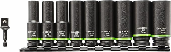 BOSCH ITDSO12V10 10-Piece Mixed 1/2 In. Sockets with 1/4 In. Hex to 1/2 In. Socket Adapter Impact Tough Assorted Set