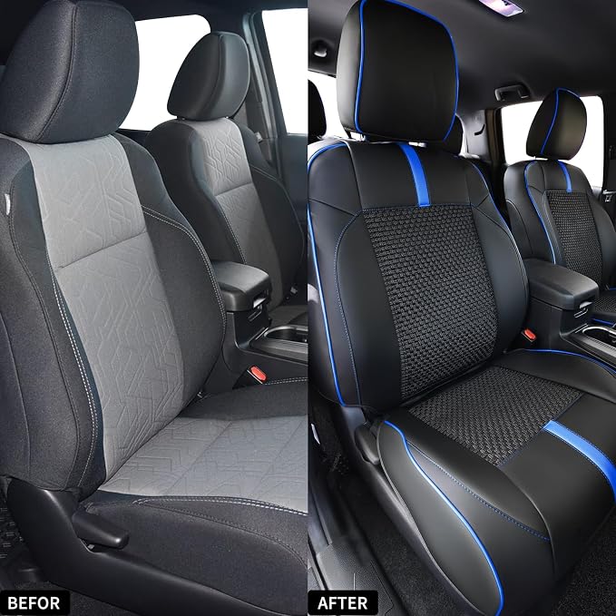 Front Seat Covers Custom Fit for Toyota Tacoma 2016-2023 Double & Crew Cab SR,SR5,Limited,TRD Sport,TRD Pro,TRD Off-Road,Full Coverage Leather Seat Covers,Interior Accessories,Blue Black