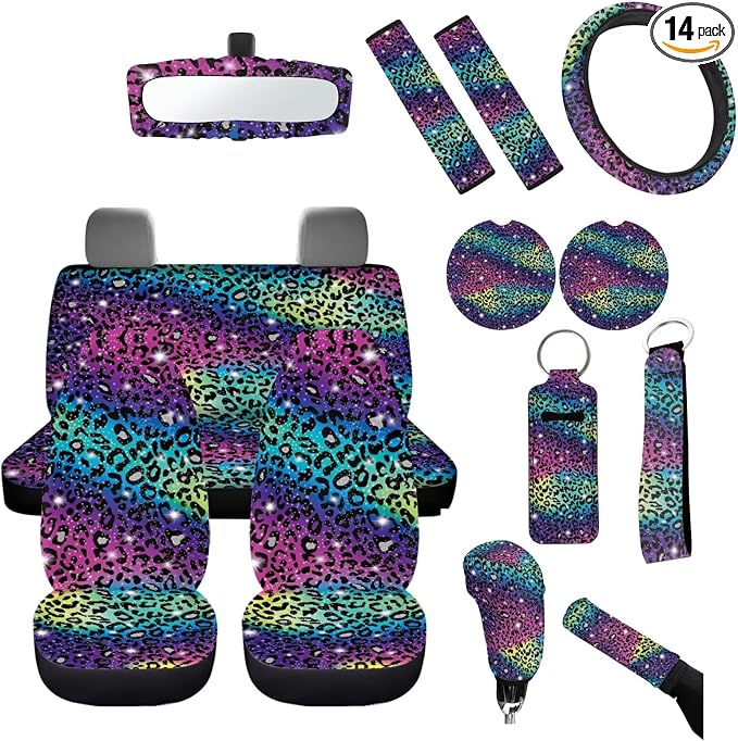 Colorful Leopard Auto Seat Covers Front Back Seats Set 14pcs,Cheetah Car Interior Set with Keychain,Seatbelt,Steering Wheel Cover,Car Coasters,Mirror Cover Decor Accessory for Women Men
