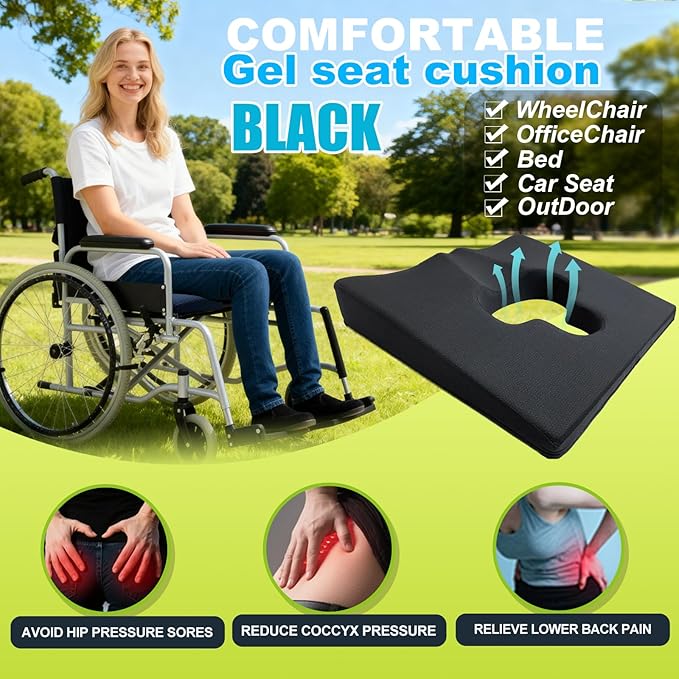 Gel Wheelchair Seat Cushion,Bed Sore Cushions for Butt,Gel Cushion for Pressure Relief,Donut Pillow for Tailbone Pain Relief,Coccyx,hemorrhoid Pillow,Cushion for Office Chair18 L x 15" W(Black)