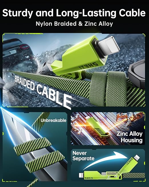 SHEZI [Upgraded 2.0 4-in-1 USB C Cable 60W 5FT Fast Charging [480Mbps Data Transfer] Flat Nylon Braided Charger Cord Combo, USB A/C to C/L Multi Charge Cable for iPhone/iPad & Most Devices, Green