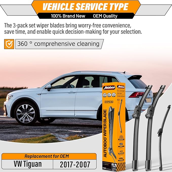 AUTOBOO 24"+21" Windshield Wipers with 13" Rear Wiper Blade Replacement for Volkswagen VW Tiguan 2017 2016 2015 2014 2013 2012 2011 2010 2009 2008 2007-Original Factory Quality (Pack of 3)