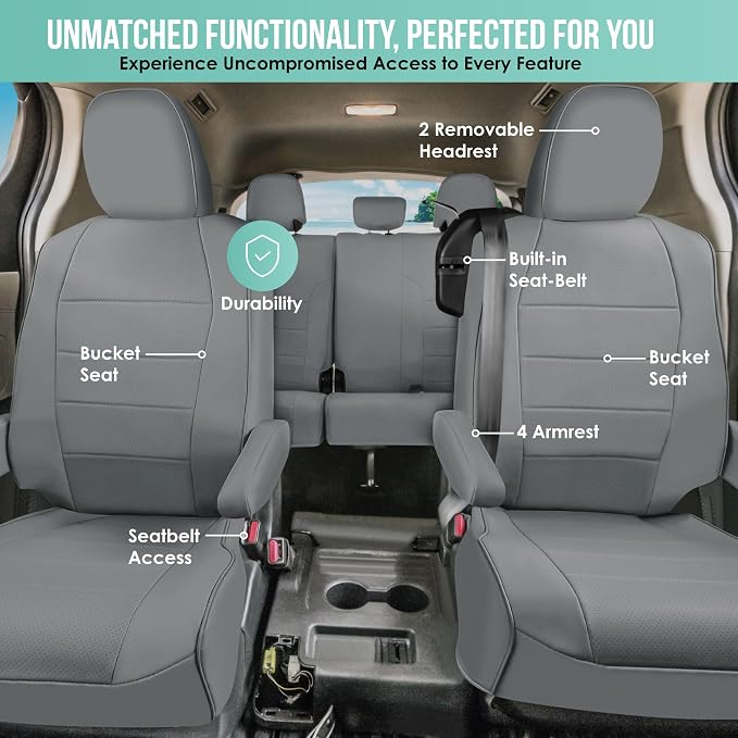FH Group Custom Fit Car Seat Covers for 2021-2024 Toyota Sienna 7 Seater, Faux Leather Automotive Seat Covers - 2nd Row Solid Gray