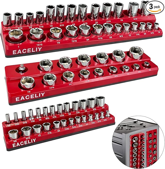 EACELIY 3Pcs 1/2", 1/4" and 3/8" Magnetic Socket Organizer Set,SAE Socket Holder Kit, Socket Trays，holds 68 Deep and Shallow 3/8" Sockets(sockets not included)