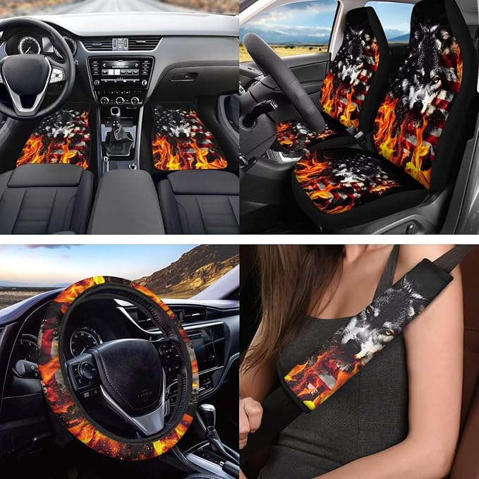 USA Flag Flame Wolf Car Interior Accessories Set of 18, Car Seat Covers Full Set with Floor Mats Steering Wheel Cover Shoulder Pads Roof Gloves Armrest Pad Cover Cup Coaster Keychains