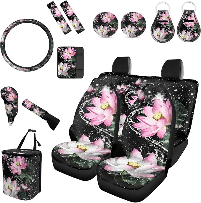 Forchrinse Lotus Flower Car Seat Covers Full Set for Women 15Piece Beautiful Auto Accessories Set with Steering Wheel Cover Armrest Cover Seatbelt Pads Keyring Trash Can