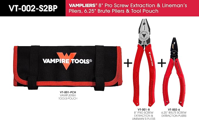 VAMPLIERS 2-PC Screw Extractor Pliers Set. Made in Japan: 8" Linesman Pliers, 6.25" Black Oxide Multipurpose Plier + Tool Pouch