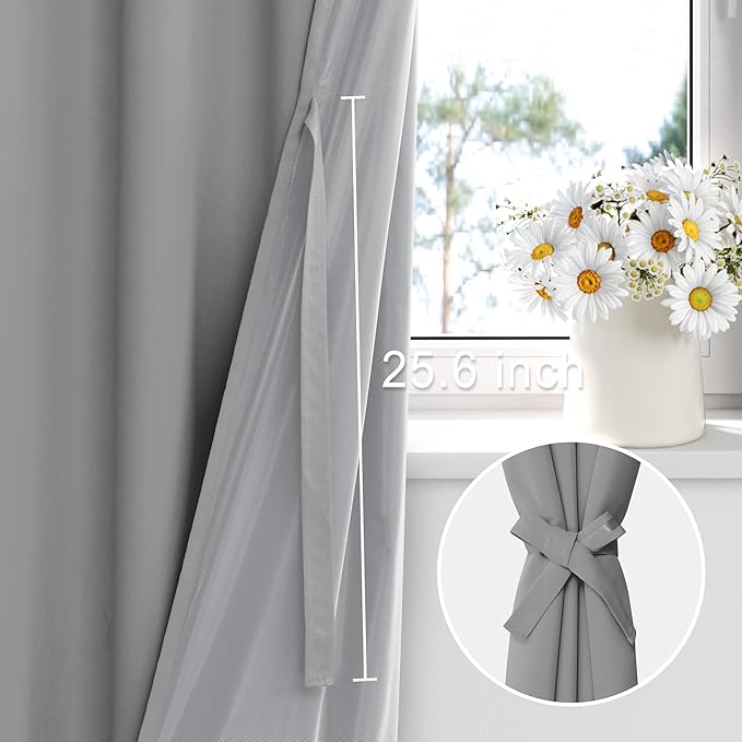 XWZO 100% Blackout Curtain Panels - Thermal Insulated Black Liner Curtains, Noise Reducing and Heat Blocking Drapes for Hall and Studio Windows with Tiebacks, Light Grey, W38 x L72, Set of 2