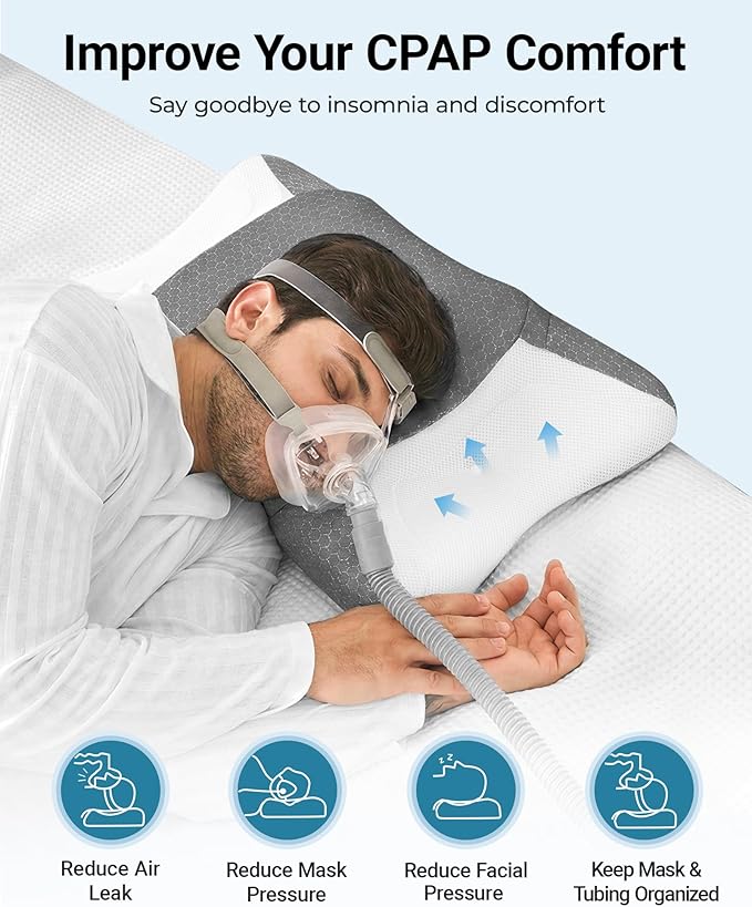 Elviros CPAP Pillow for Side Sleeping, HSA/FSA Sleep Apnea Memory Foam Pillow for All CPAP Masks Users to Reduce Air Leaks & Masks Pressure, Adjustable Height with Cooling Breathable Cover