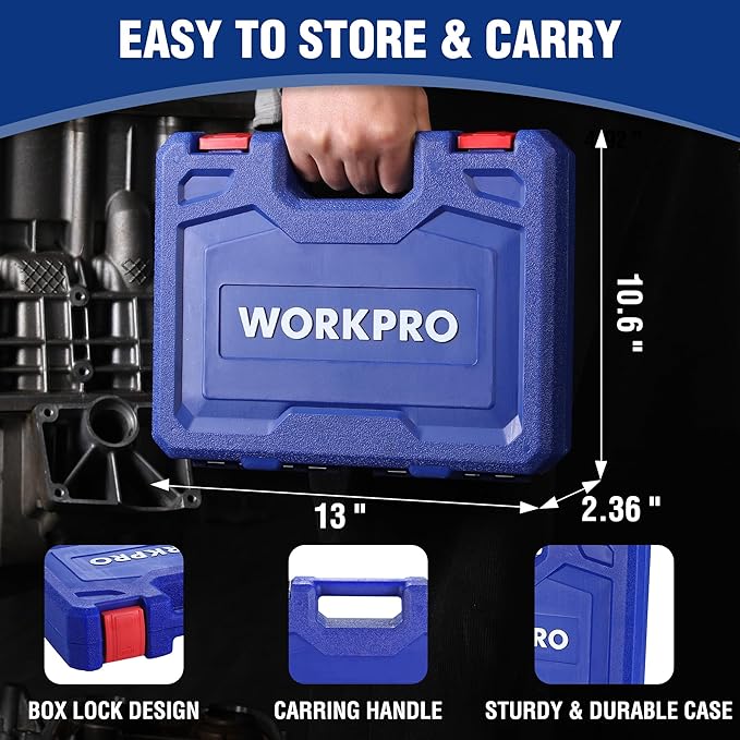 WORKPRO 20-Piece 1/2＂ Drive Deep Impact Socket Set, 6-Point, Cr-V Steel, 10-27mm, Universal Joint, Adapter and Extension Bar, SAE