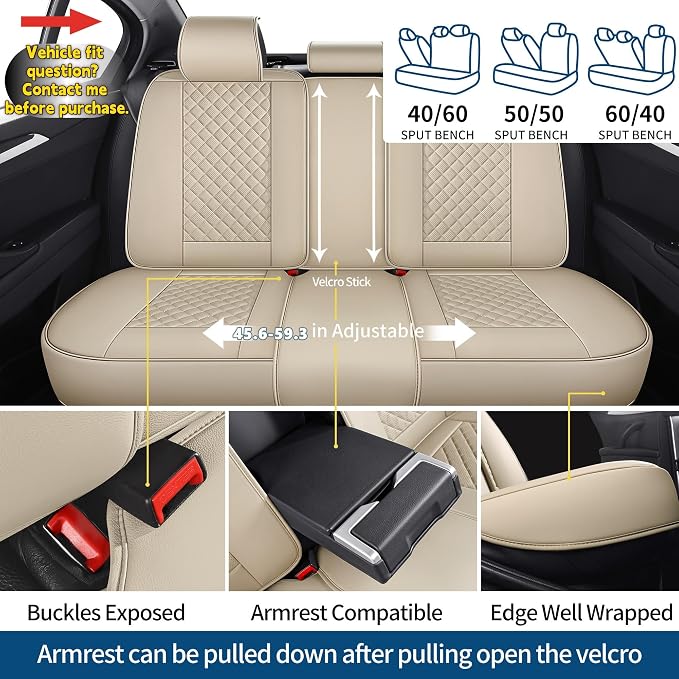 Car Seat Covers Full Set, Beige Leather Seat Covers, Breathable Front and Back Car Seat Protectors, Wear-Resistant Seat Covers Universal Fit for Most Cars SUV Truck (Beige-Diamonds,Full Set)