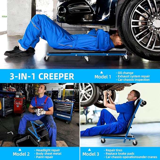 Mechanic Creeper 36 inches 3-in-1 Mode Z Seat 340lbs Capacity, Foldable Garage Adjustable Rolling Folding with 6pcs Wheels Roller, Lay Down Sit Lean Back, Under Car Auto Repair, Blue, Man Gift