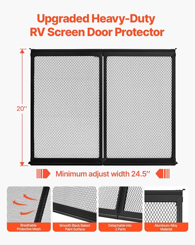 VEVOR RV Screen Door Protector, 24.5 x 20 inch Door Grille, Easy to Install and Disassemble, Reinforced Breathable Protective Mesh, Aluminum Alloy Camper RV Entry Protector for Pet Protection, Black